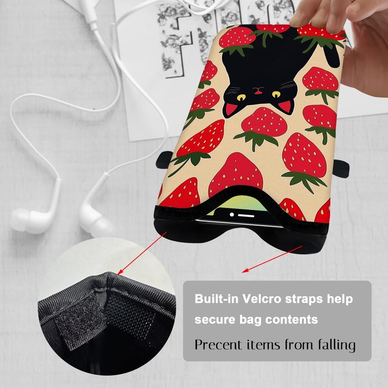 otilil Neoprene Cell Phone Sleeve Pouch Case Bag with Crossbody Strap Neck Lanyard for Women 7.1 X 3.9 in Strawberry Cat - Image 3